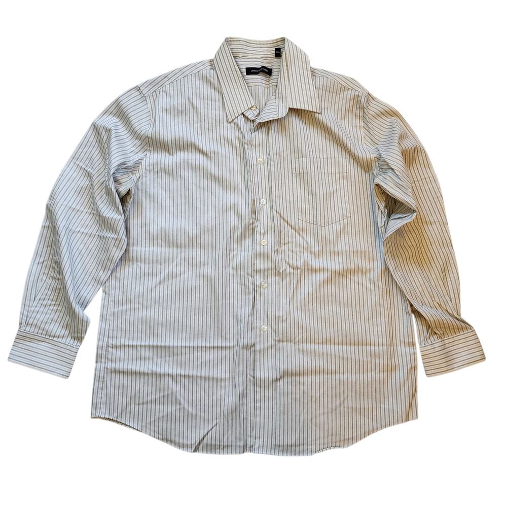 Jones New York Mens Dress Shirt Size 17.5 34-35 White Gray Striped Button Down